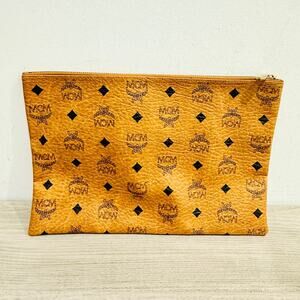 MCM Visetos Original Large Leather Zip Up Pouch Cognac
